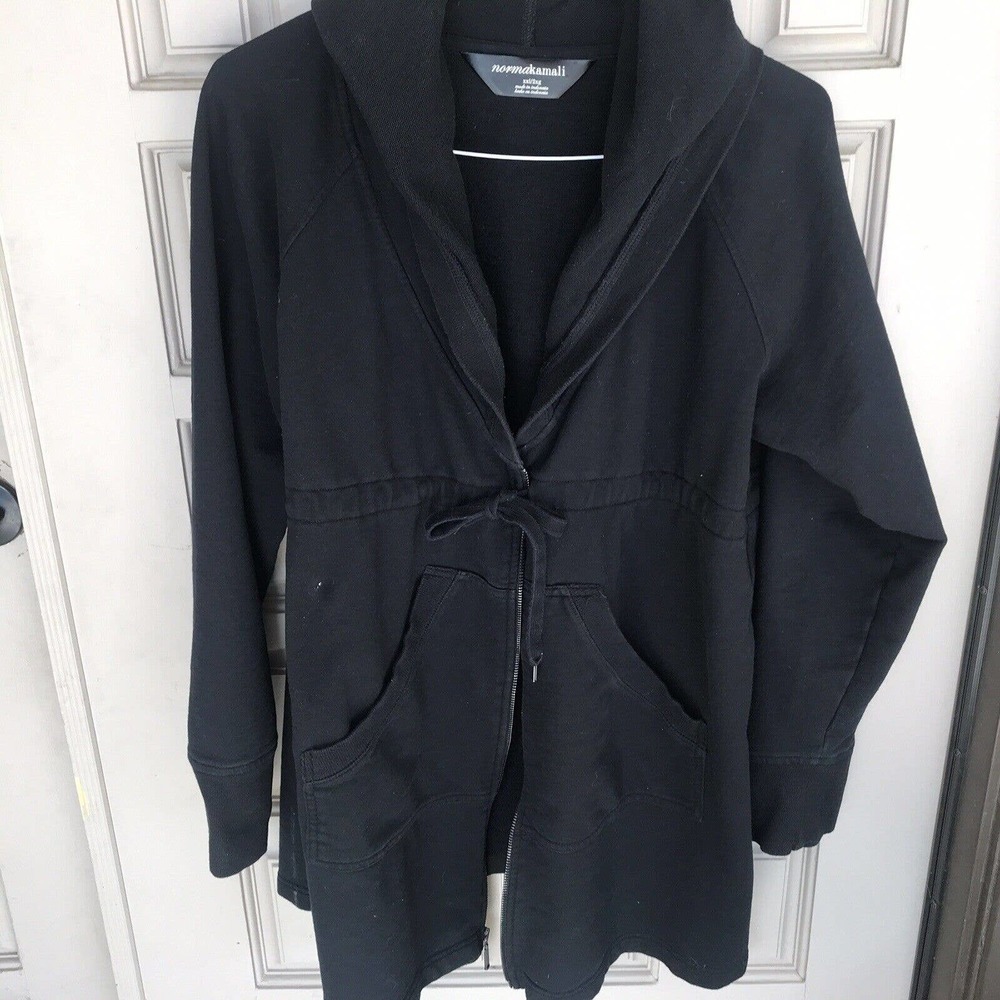Norma Kamali Jacket Plus Size2XL Hooded Black Zip Front Draw String Pre-Owned